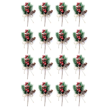 Червени горски Плодове стъбла Борови клонки от Вечнозелени Коледни Плодове Декор 16 БР Изкуствени борови шишарки, Клон Ръчно изработени Венец Изберете